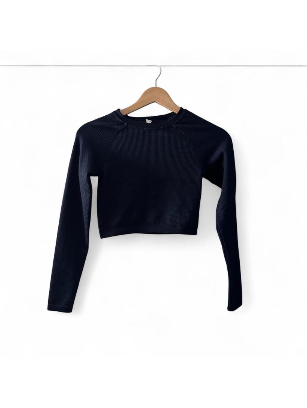 Navy Waffle Knit Long Sleeve Cropped Top Raglan Sleeve